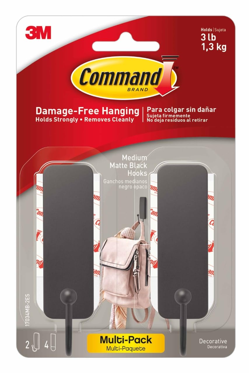 3M Command Medium Matte Black Wall Hooks, 2 Pack