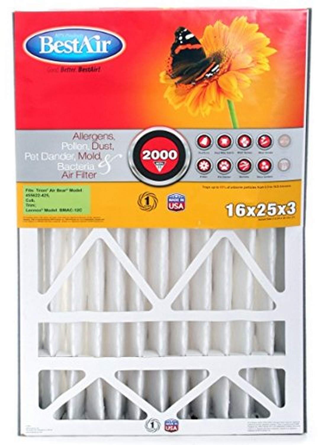 BestAir AB3-1625-11R AC Furnace Air Filter, 16" x 25" x 3", MERV 11, Fits 100%, For Trion Air Bear, Supreme, Skuttle, GeneralAire, Source1 & Ultravation Models, Pack of 1