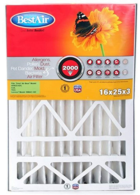 BestAir AB3-1625-11R AC Furnace Air Filter, 16" x 25" x 3", MERV 11, Fits 100%, For Trion Air Bear, Supreme, Skuttle, GeneralAire, Source1 & Ultravation Models, Pack of 1