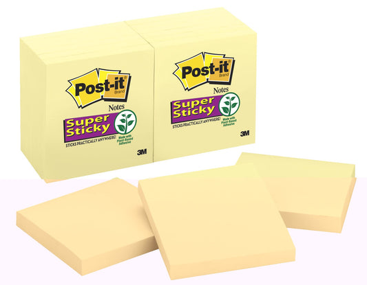 Post-it Notes Super Sticky 76 x 76 mm - 90 Sheets - Yellow, Set of 12