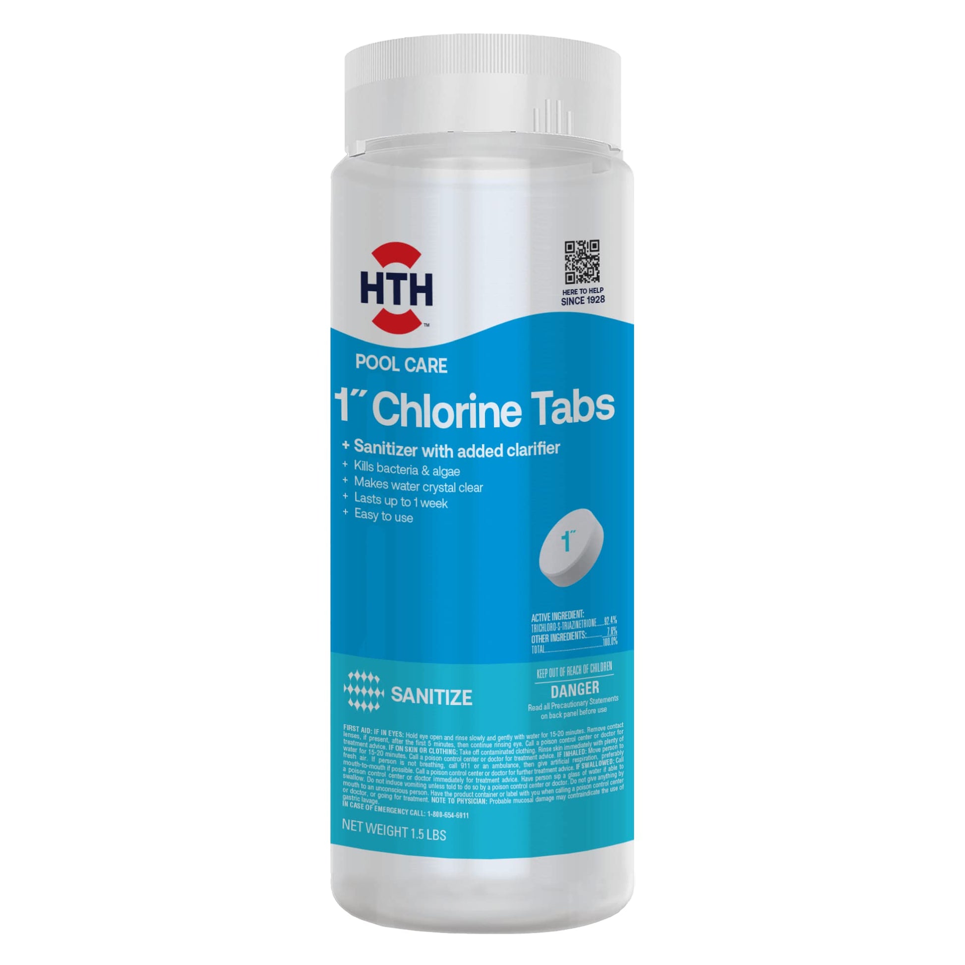 HTH 42049 Pool Care 1" Chlorine Tabs, Swimming Pool Sanitizer with Added Clarifier - Eliminates Bacteria & Algae, Makes Water Clean & Crystal Clear, Sanitizes & Protects - Slow Dissolving, 1.5 lbs
