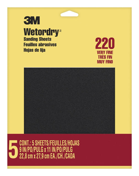 3M Wetordry Sandpaper, 5 Sheets, 9 in x 11 in, 220 Grit, Very Fine, Use for Wet and Dry Sanding, For Sanding Between Coats of Varnish, Lacquer, Paint & Other Finishes, Waterproof Paper (9087DC-NA)