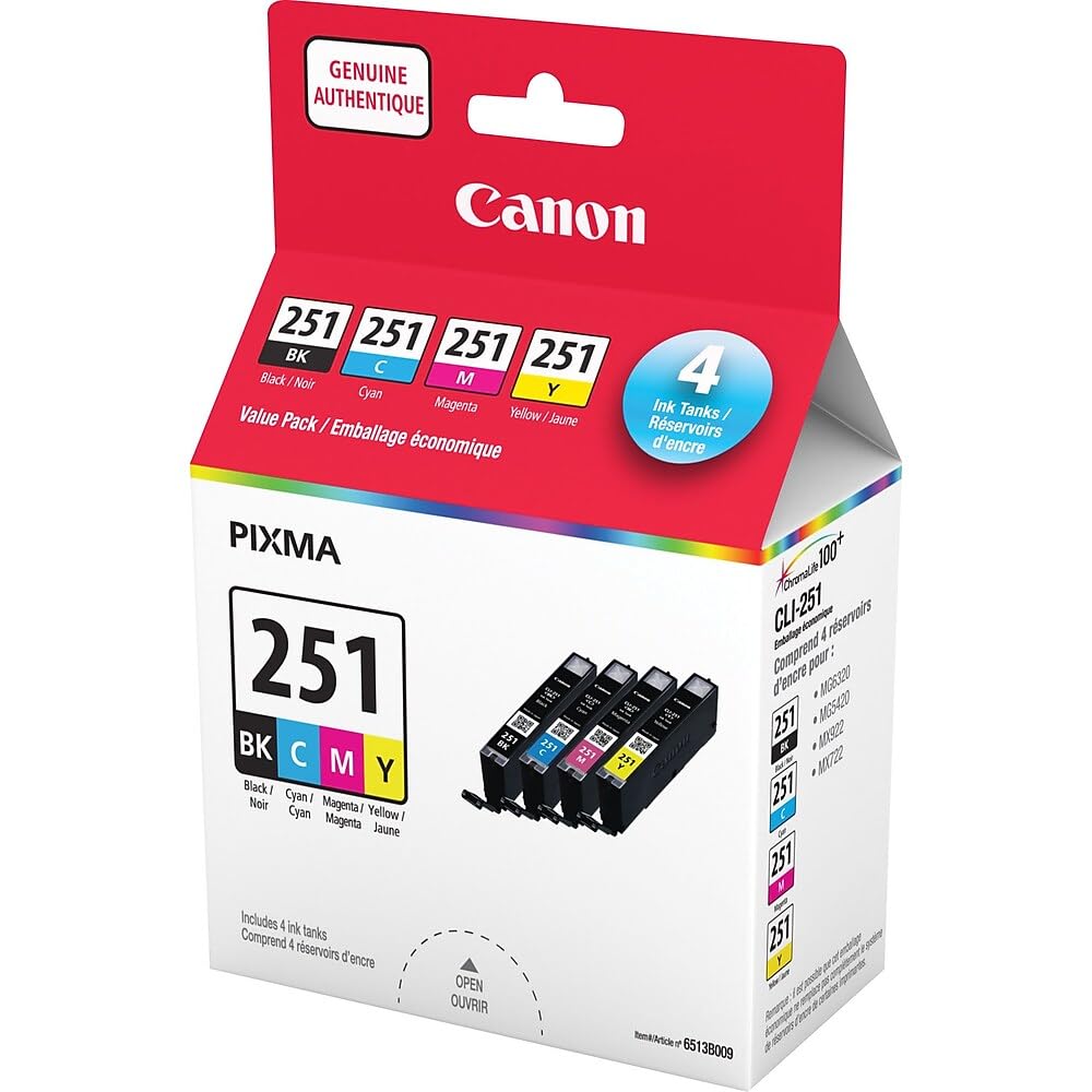 Canon CLI-251 Ink Count, Black/Cyan/Magenta/Yellow, 4 Count (CLI-251 BK/CMY 4 PK)