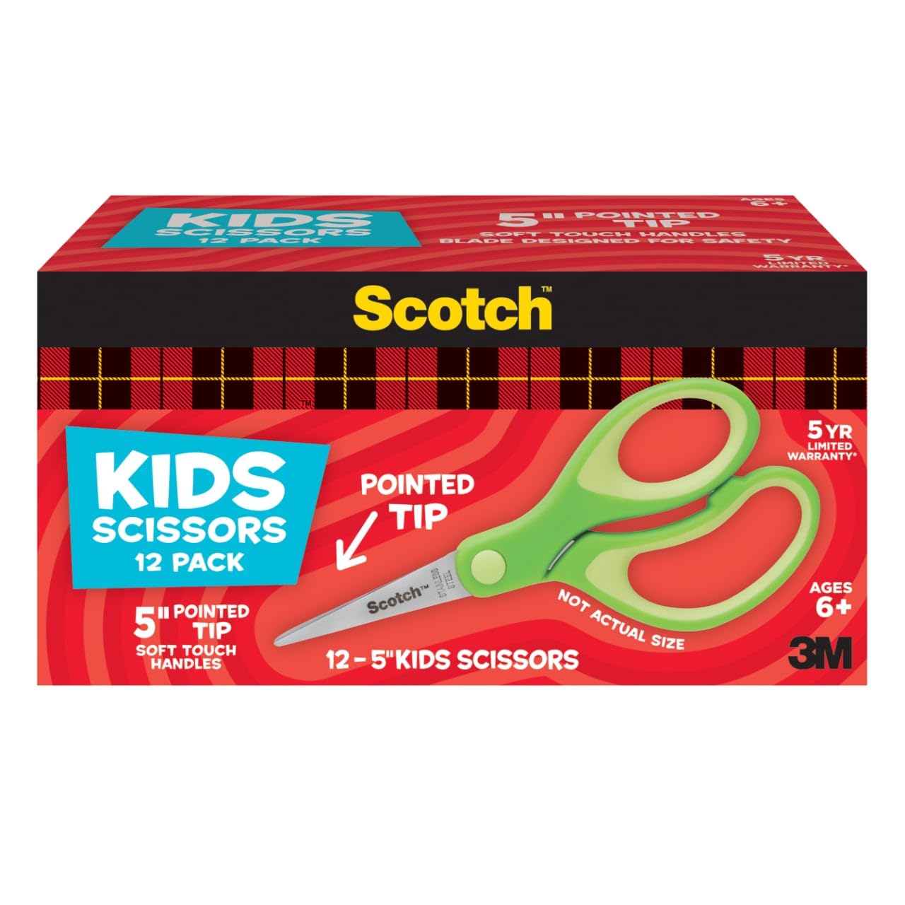 Scotch 5" Soft Touch Pointed Tip Kids Scissors, 12 Count Teacher’s Pack, Green, All-Purpose Scissors for School and Crafts (1442P-12)