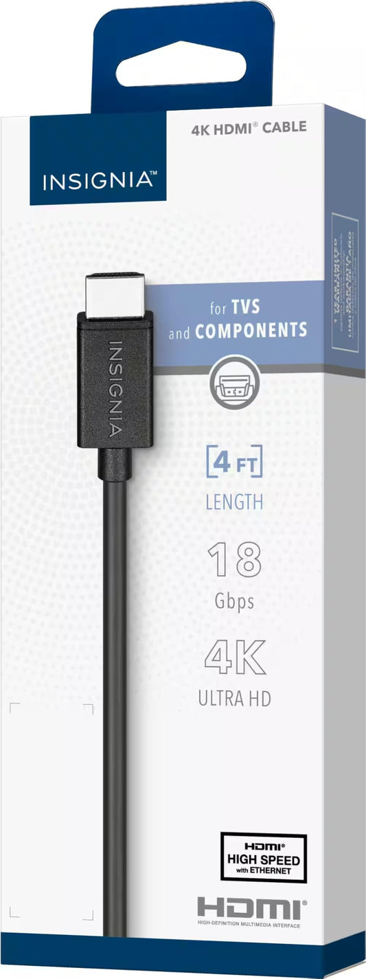 INSIGNIA 4K Ultra HD HDMI Cable – High-Speed 18Gbps, HDR, ARC, Ethernet – Compatible with TV, Monitor, PS5, Xbox, Blu-ray, Laptop (HDMI Cable, 4 ft)