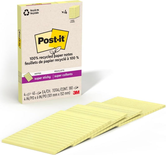 Post-it Super Sticky 100% Recycled Notes, 4 Sticky Note Pads, 4 x 6 in., 2X The Sticking Power, New Year Organization or Second Semester School Supplies, Canary Yellow