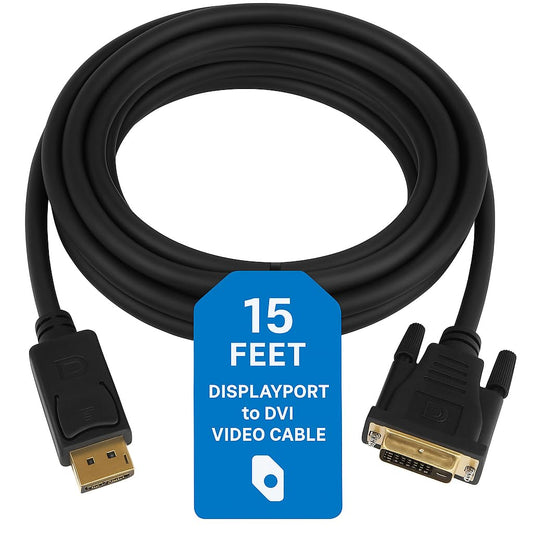CableWholesale 15 feet DisplayPort to DVI Video Cable, Black, DisplayPort Male to DVI Male, 28 AWG, 1920 x 1080 DVI-D to DisplayPort Cable, for PC/Laptop to Monitor