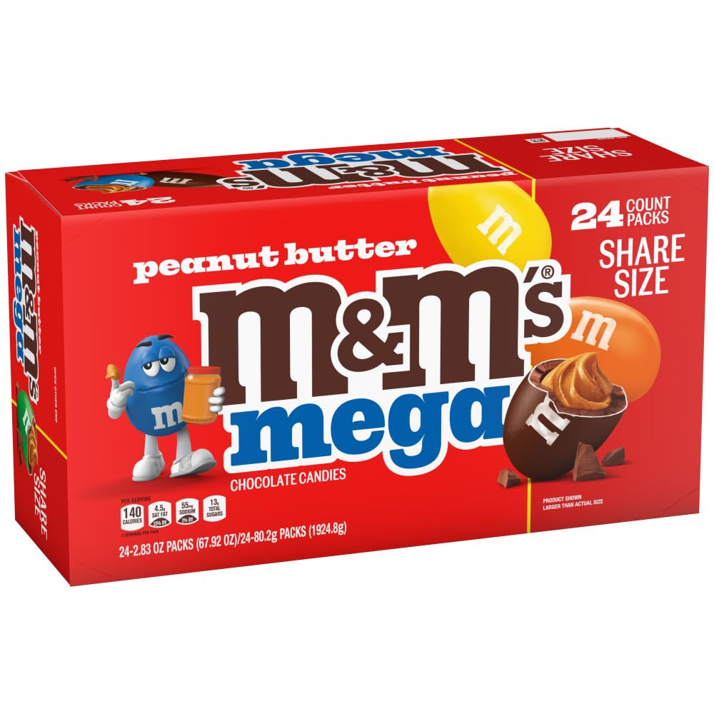 M&M'S Peanut Butter Chocolate Candy, Full Size 2.83 oz Bag, Pack of 24 Bulk Candy Chocolate