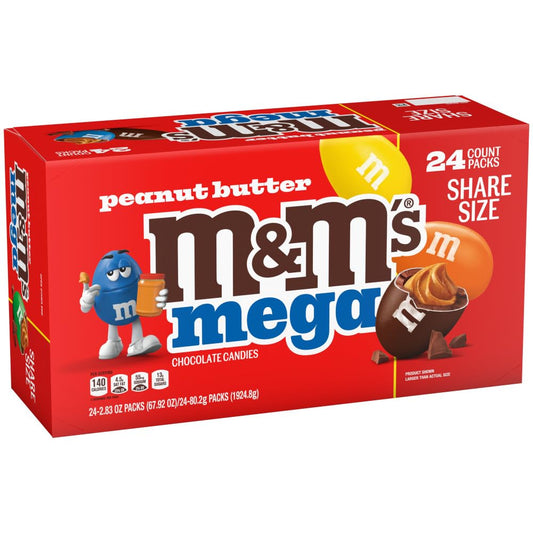 M&M'S Peanut Butter Chocolate Candy, Full Size 2.83 oz Bag, Pack of 24 Bulk Candy Chocolate