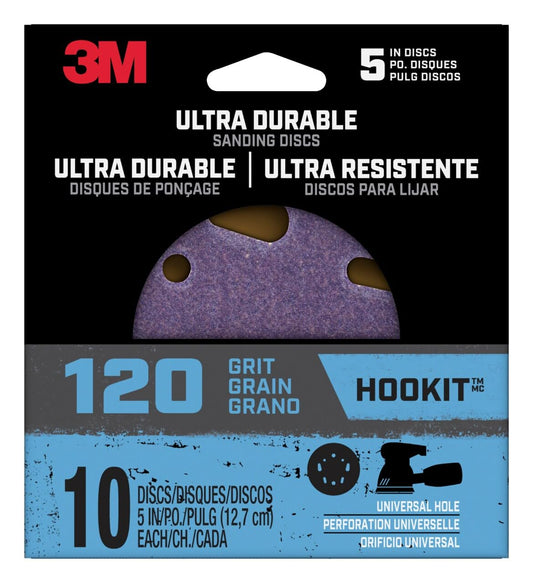 3M Ultra Durable 5 inch Power Sanding Discs, Universal Hole, 120 Grit, 10/Pack