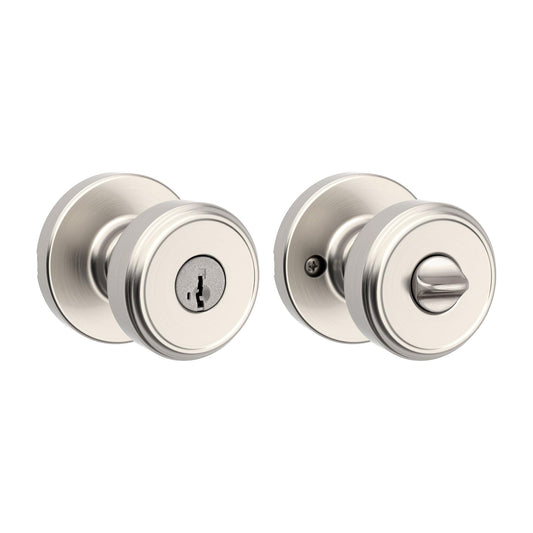 Kwikset Maven Entry Door Knob with Lock and Key, Secure Keyed Handle Exterior, Front Entrance and Bedroom, Satin Nickel, Pick Resistant SmartKey Rekey Security and Microban