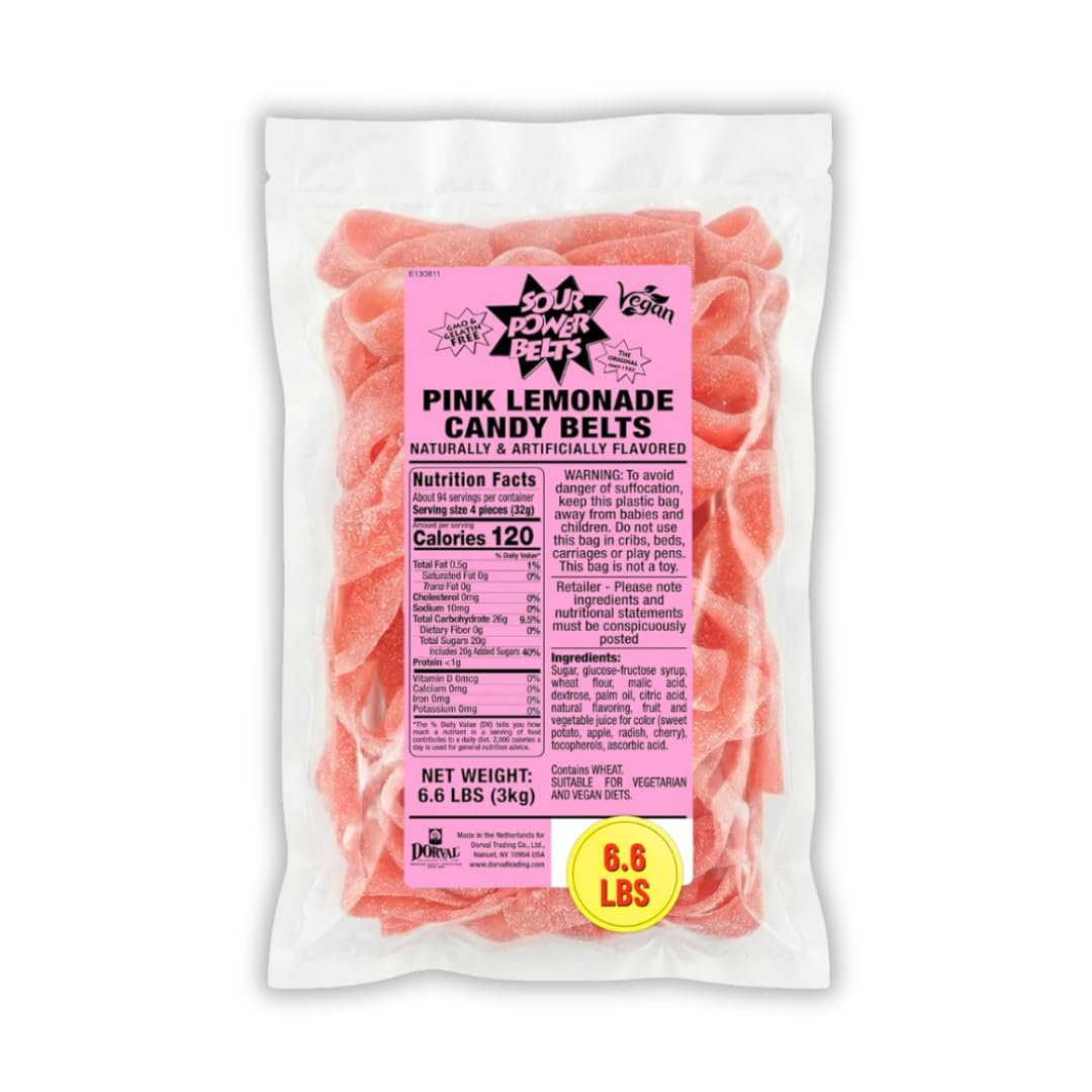 Sour Power Premium Candy Belts, Pink Lemonade, 6.6 lb