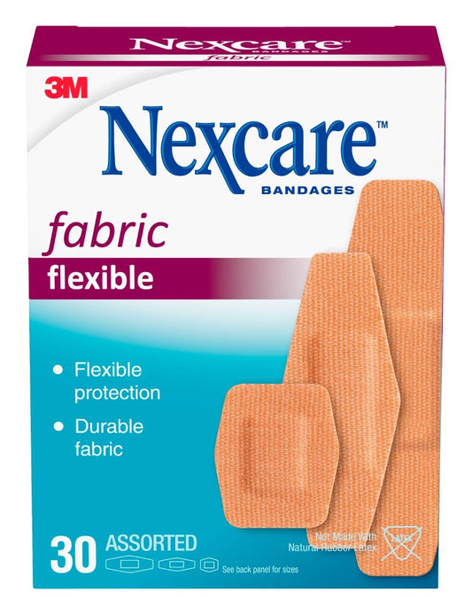 Nexcare Heavy Duty Flexible Fabric Adhesive Bandages, Assorted Sizes – Durable Breathable Woven Bandages for Knees & Elbows, 30 Count (Latex-Free)