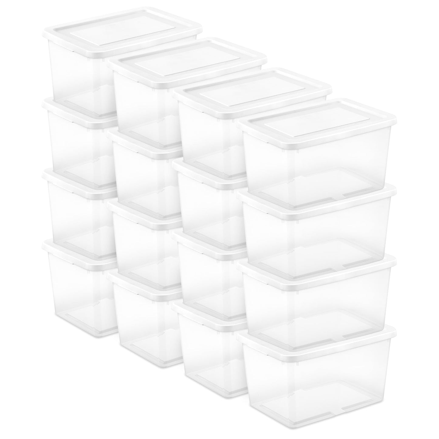 Sterilite 16 Pack Storage Box, 20 Quart Stackable Tote, Clear Plastic Container with Secure Snapping Lids for Home and Office Organization, White