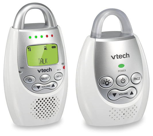VTech Communications DM221 Audio Baby Monitor with up to 1,000 ft of Range, Vibrating Sound-Alert, Talk Back Intercom & Night Light Loop, White/Silver