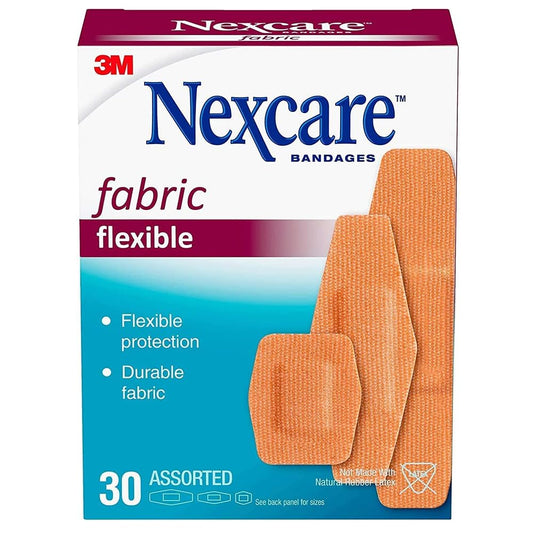 Nexcare Heavy Duty Flexible Fabric Adhesive Bandages, Assorted Sizes – Durable Breathable Woven Bandages for Knees & Elbows, 30 Count (Latex-Free)