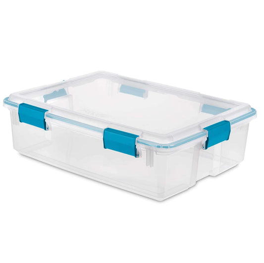 Sterilite 37 Qt Gasket Box, Stackable Storage Bin with Latching Lid and Tight Seal, Plastic Container to Organize Basement, Clear Base and Lid, 1-Pack