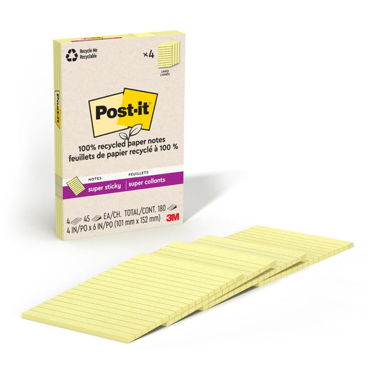 Post-it Super Sticky Recycled Notes 4x6 4-Pack Canary Yellow