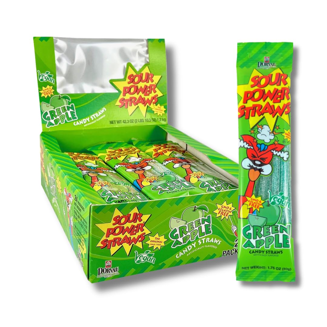 Dorval Sour Power Straws Green Apple 1.75oz 12/24ct