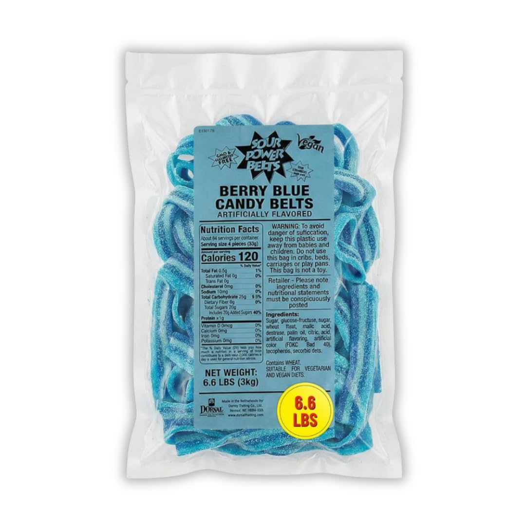Sour Power Premium Berry Blue Candy Belts – The Original Sour Candy Belts Since 1985 – 6.6 lb Bag – Vegan, Non-GMO, Gelatin Free – Soft, Chewy, Peelable, Sweet & Tart Retro Treats – Sour Belts Candy Bulk