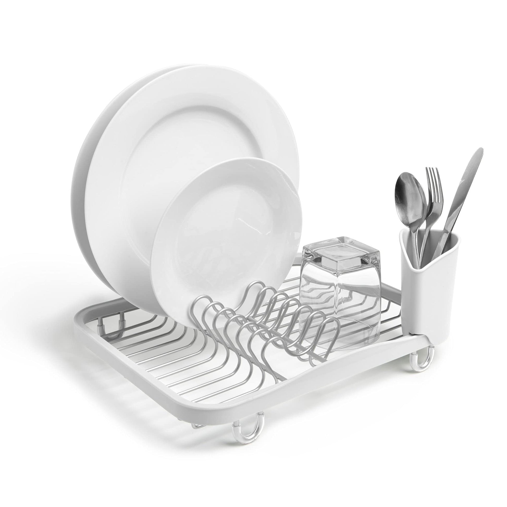 Umbra Sinkin Dish Drying Rack – Drainer Caddy with Removable Cutlery Holder – Use in Sink or On Counter, Standard, White/Nickel