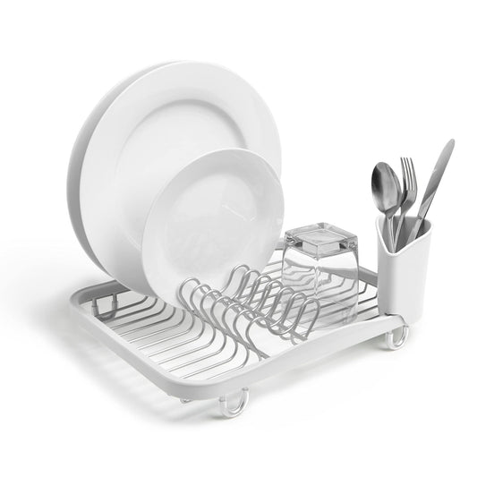 Umbra Sinkin Dish Drying Rack – Drainer Caddy with Removable Cutlery Holder – Use in Sink or On Counter, Standard, White/Nickel