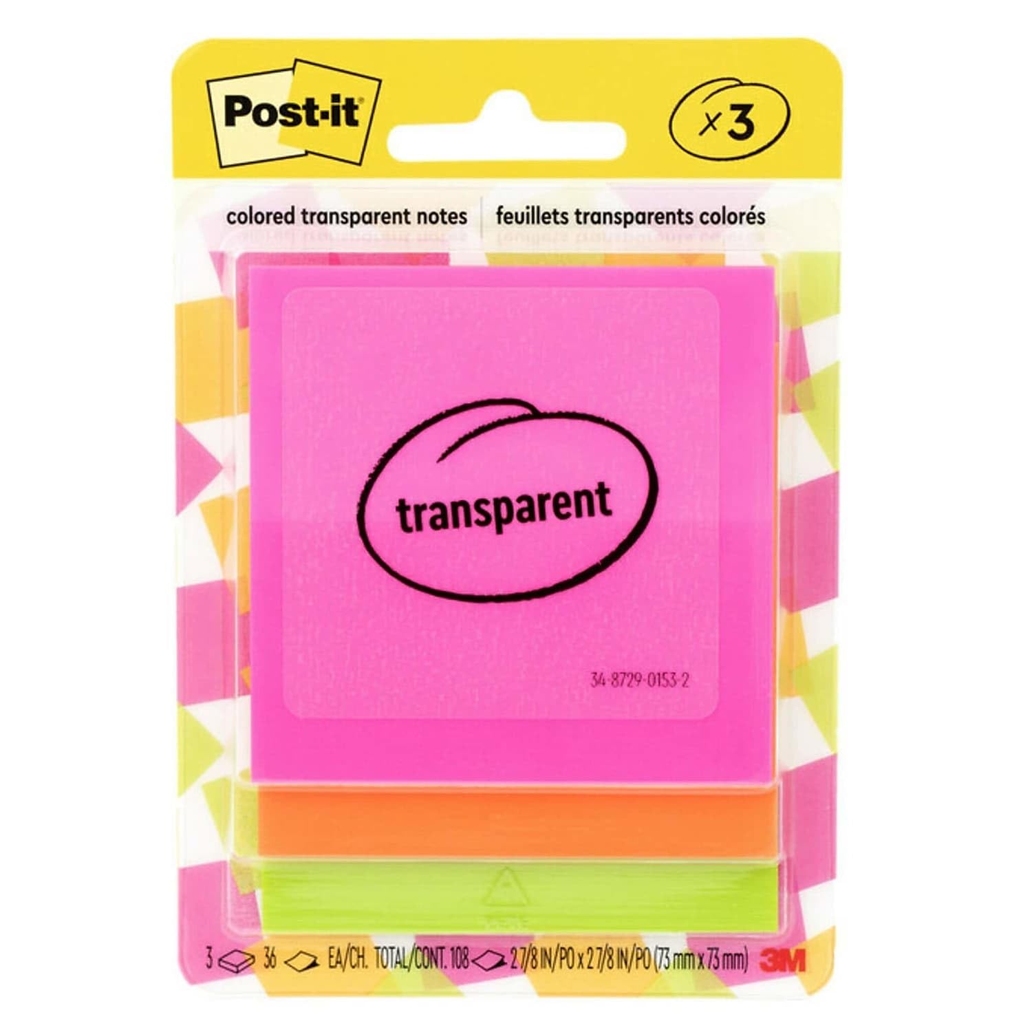 Post-it Transparent Notes 2.8x2.8" 600-3COL