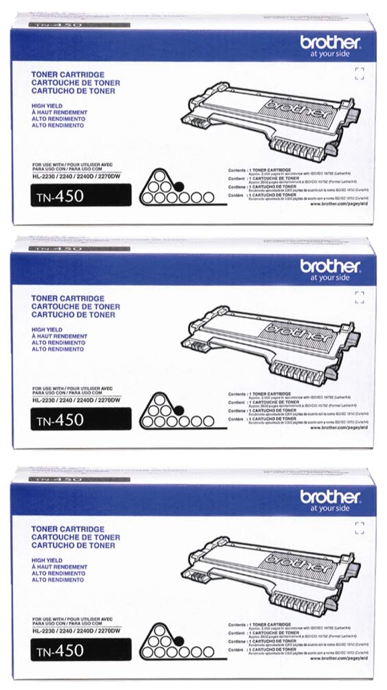 Brother Genuine High Yield Toner Cartridge, TN450, Replacement Black Toner, Page Yield Up to 2,600 Pages 3-Toner Cartridges