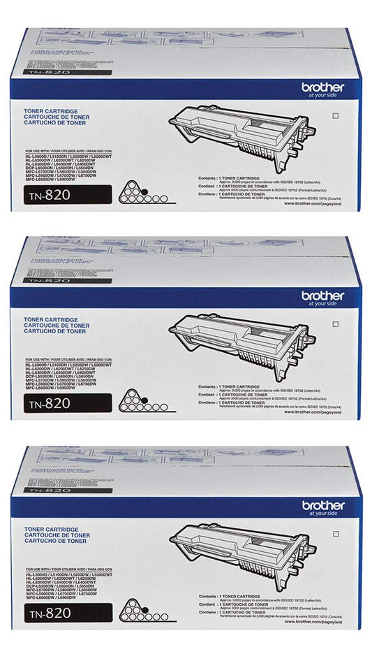 Brother Genuine Black Toner Cartridge 3-Pack, TN820, Replacement Black Toner, Page Yield Up to 3,000 Pages Each