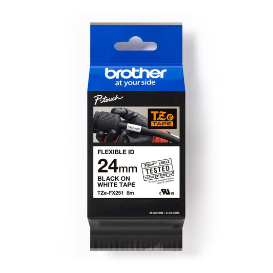 Brother Genuine P-Touch TZE-FX251 Tape, 1" (0.94") Wide Flexible-ID Laminated Tape, Black on White, Best Suited for Wire Wrapping and Flagging, Water-Resistant, 0.94" x 26.2' (24mm x 8M), TZEFX251