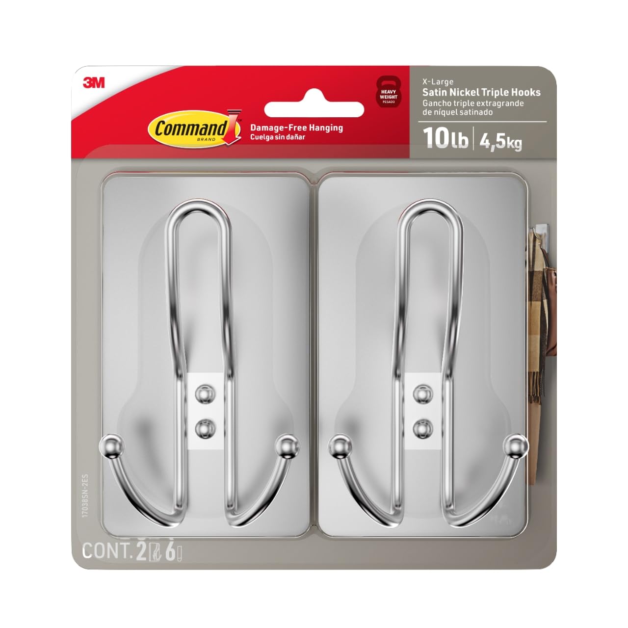 3M Command X-Large Satin Nickel Triple Hook 2-Pack