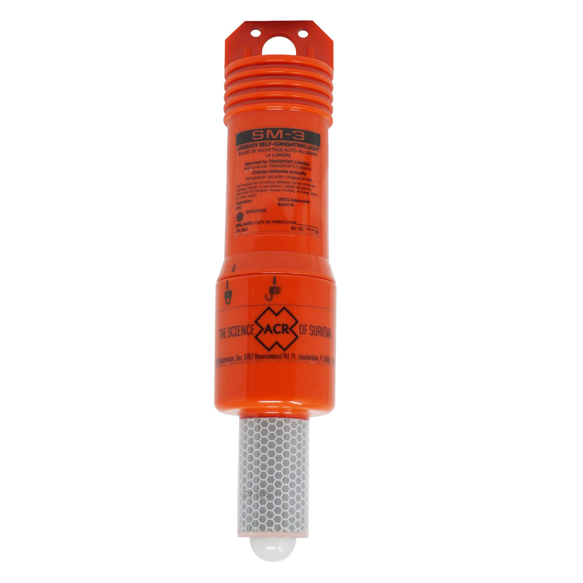 ACR SM3 Lifebuoy Self-Igniting Marker Light, USCG, SOLAS, and MED approved, is a direct replacement for the SM2, ensuring reliable visibility in emergency situations.