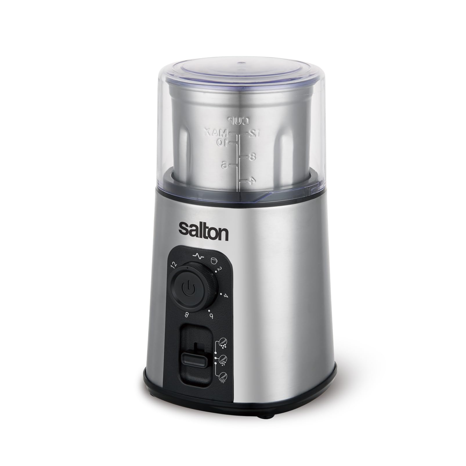 Salton Stainless Steel Smart Coffee Grinder, Electric Blade for Ground Coffee, Spices, Herbs, Nuts with Stainless Steel Blade, 80g/12 cup capacity (CG2123)