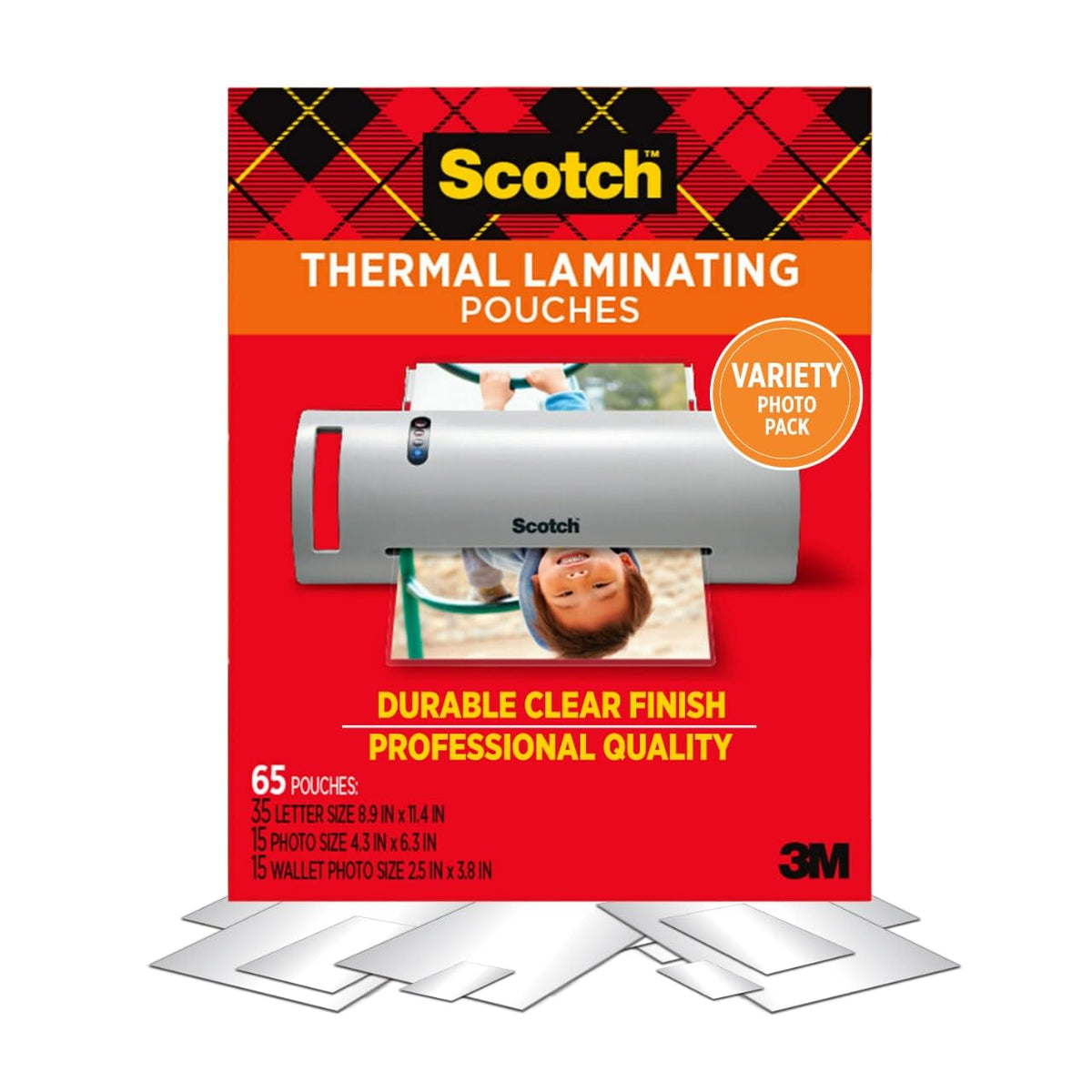 Scotch Thermal Laminating Pouches Variety Pack, Includes 35 Letter Size, 15 Standard Photo Size, and 15 Small Photo, 3 and 5 Mil, 65 Total Laminating Sheets