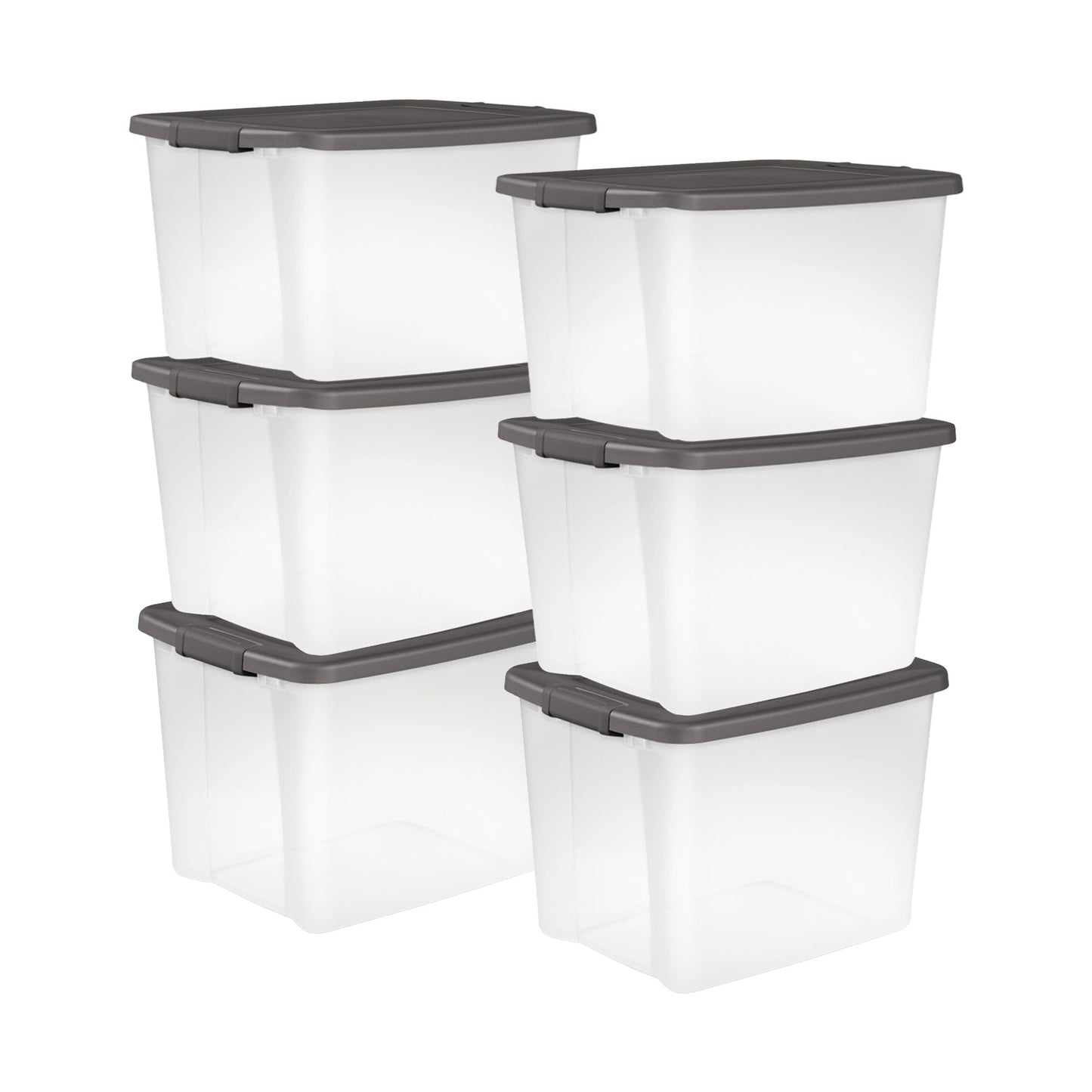 Sterilite 19376406 50-Quart Shelf Tote Driftwood Base and Lid with Platinum Latches 6-Pack