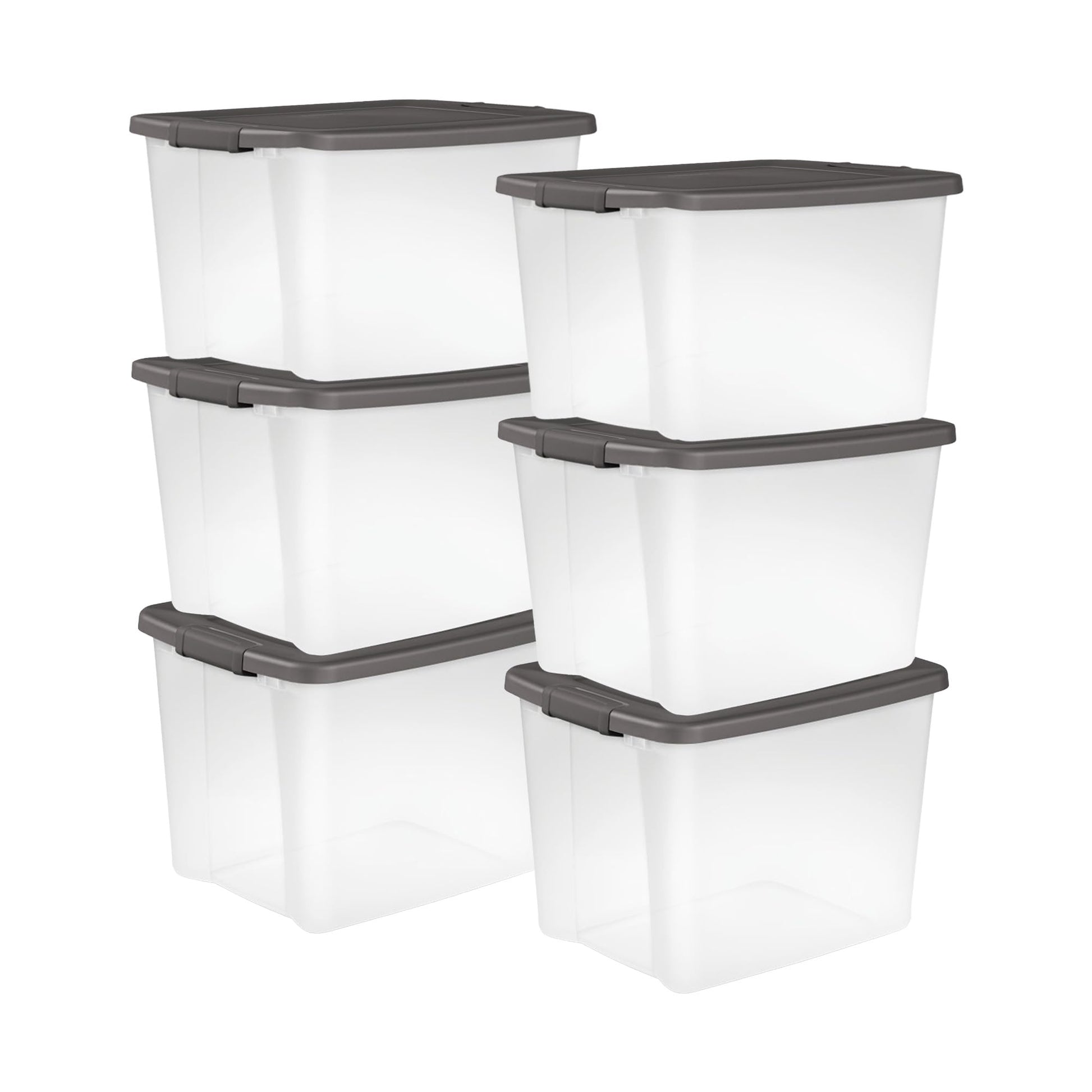 Sterilite 19376406 50-Quart Shelf Tote Driftwood Base and Lid with Platinum Latches 6-Pack