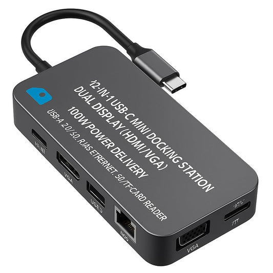 ALOGIC USB-C 12-in-1 Mini Docking Station, Dual Display, 2xHDMI, 1xVGA, 100W PD, 2xUSB-C, 2xUSB-A 2.0, 2xUSB-A 3.0, RJ45, 1x SD/TF Port, MacBook/Surface & Other USB-C Devices Compatible.