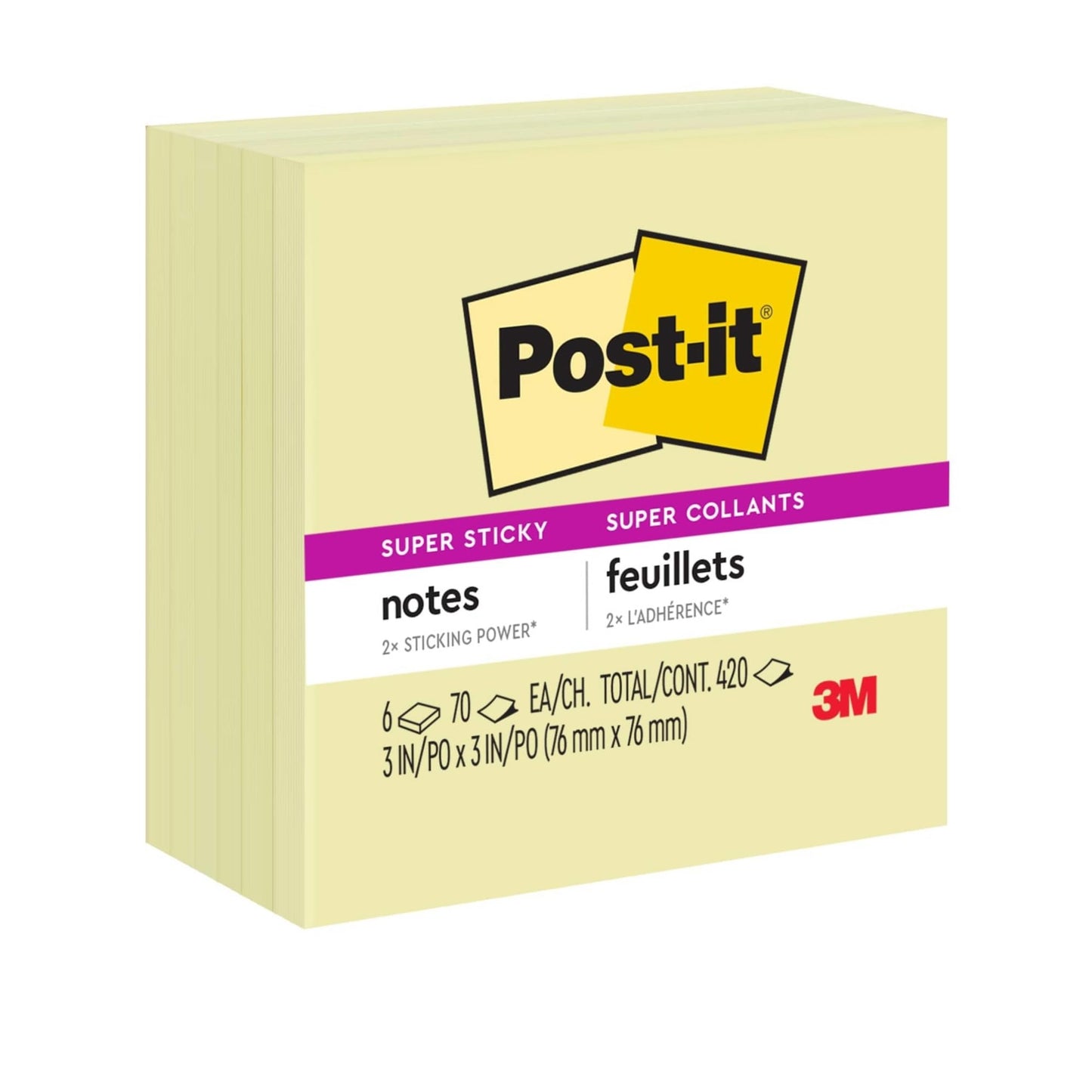 Post-it Super Sticky Notes, 3x3 in, 6 Pads, 2X The Sticking Power, Canary Yellow (654-6SSCY)