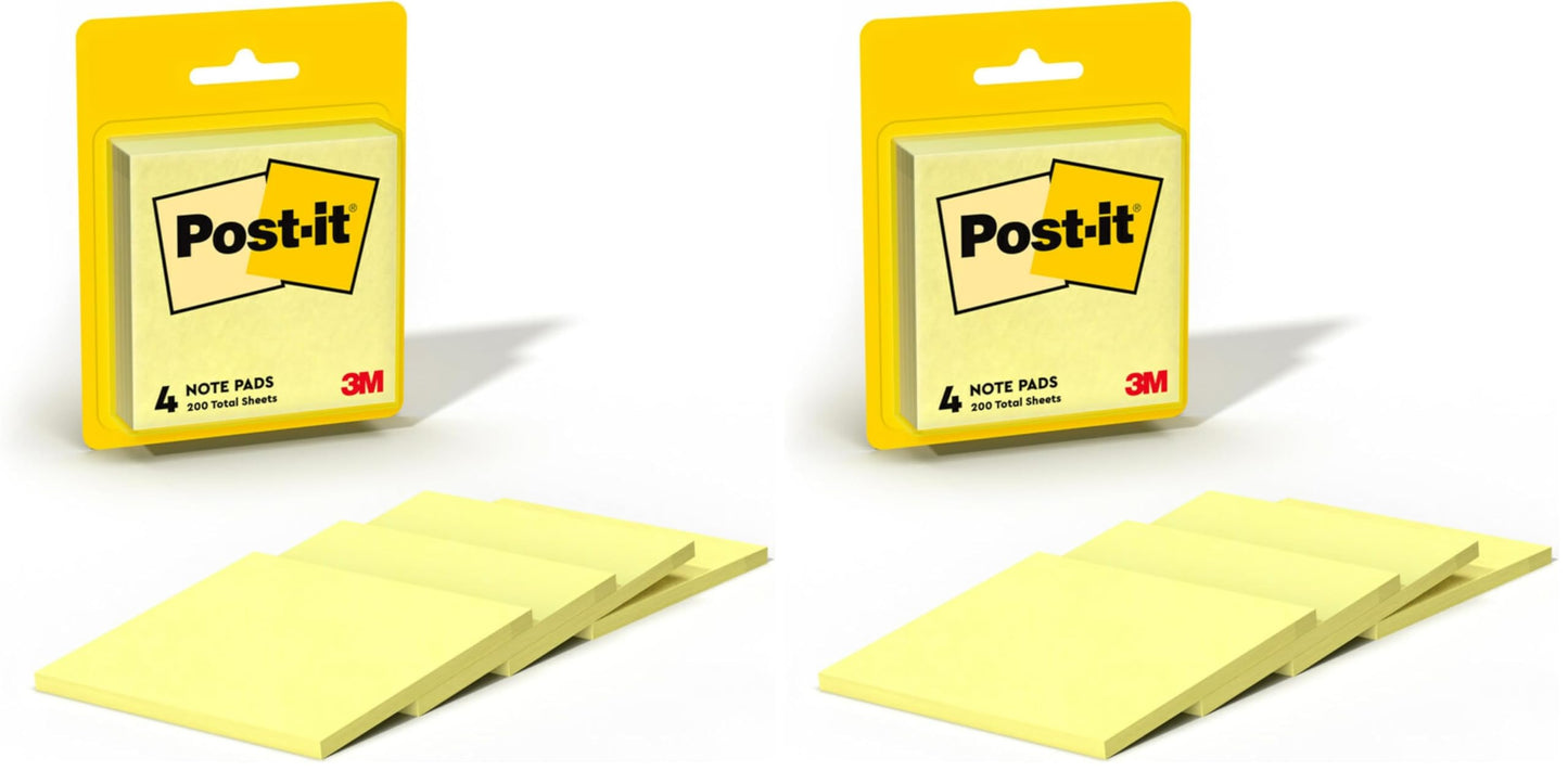 Post-it Notes, 3x3 in, 4 Pads, Canary Yellow, Clean Removal, Recyclable (Pack of 2)
