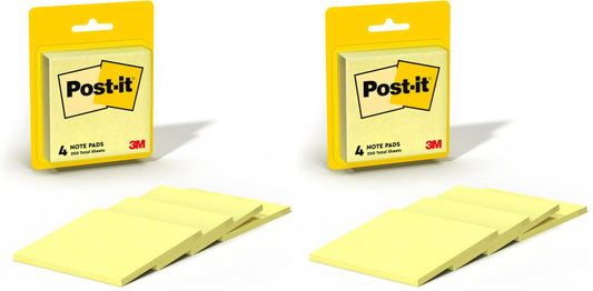 Post-it Notes, 3x3 in, 4 Pads, Canary Yellow, Clean Removal, Recyclable (Pack of 2)