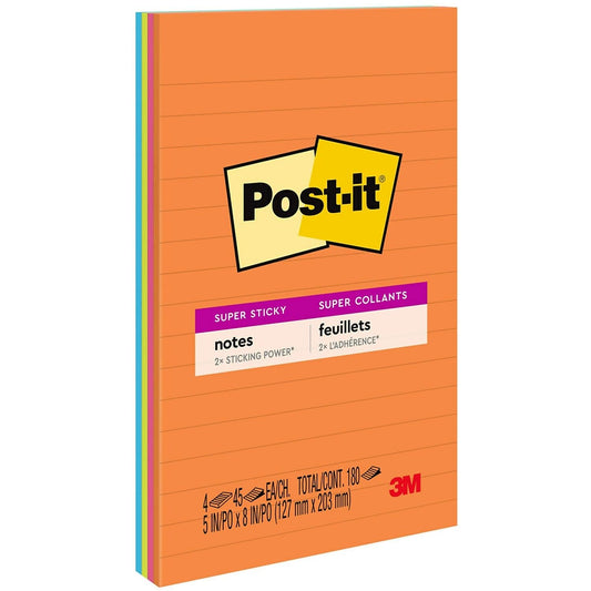 Post-it Super Sticky Notes, 5-inch x 8-inch, Energy Boost Collection, Lined, 45 Sheet/Pad, 4 Pads/Pack (5845SSUC)