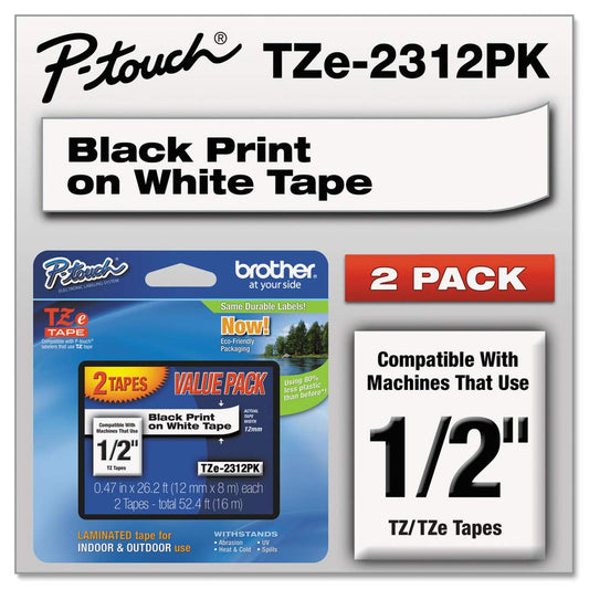 Brother P-Touch TZE2312PK Tze Standard Adhesive 0.47 in. x 26.2 ft. Laminated Labeling Tapes - Black On White (2/Pack)