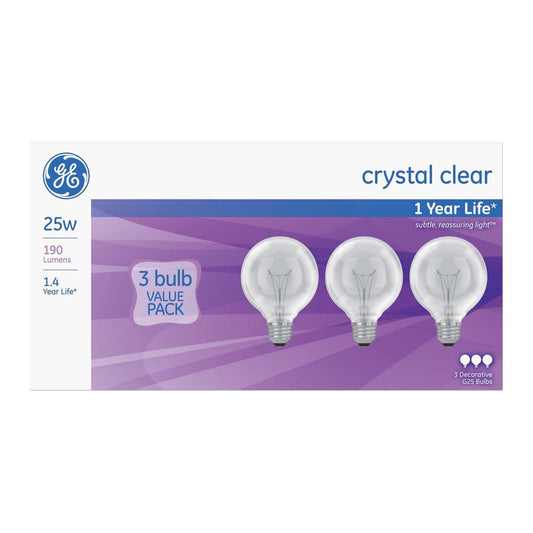 GE G25 Crystal Clear Incandescent Bulbs 25W 3-Pack