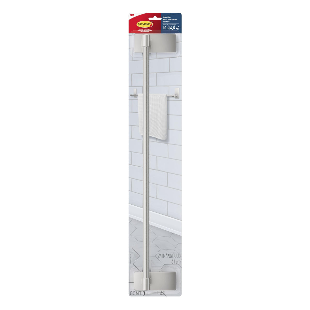 Command Bath Satin Nickel Towel Bar with Water Resistant Command Strips, Bathroom Organizer, 24 in Bar Length Holds up to 10 lbs