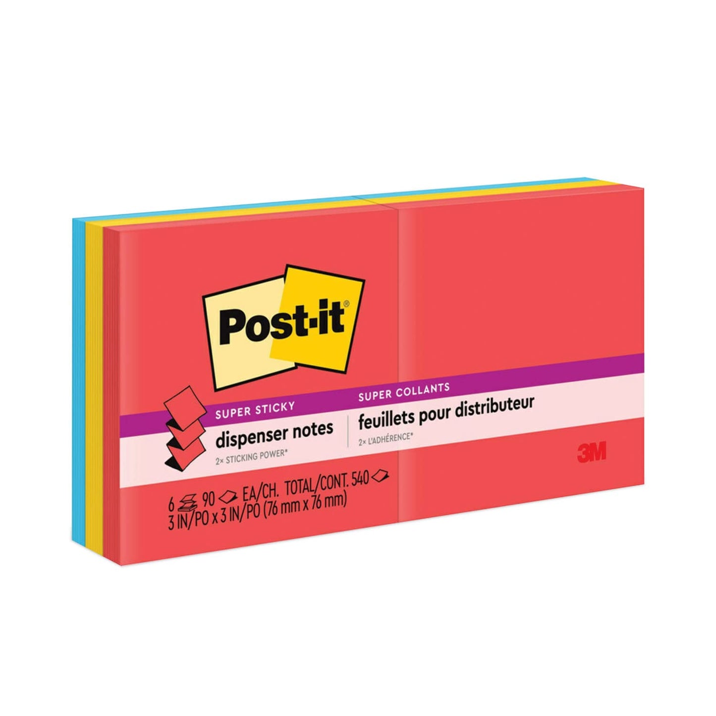 Post-it Super Sticky Pop-up Notes, 3 in x 3 in, 6 Pads, 2X The Sticking Power, Playful Primaries Collection, Bright Colors (Orange, Pink, Blue, Green),Recyclable (R330-6SSAN)