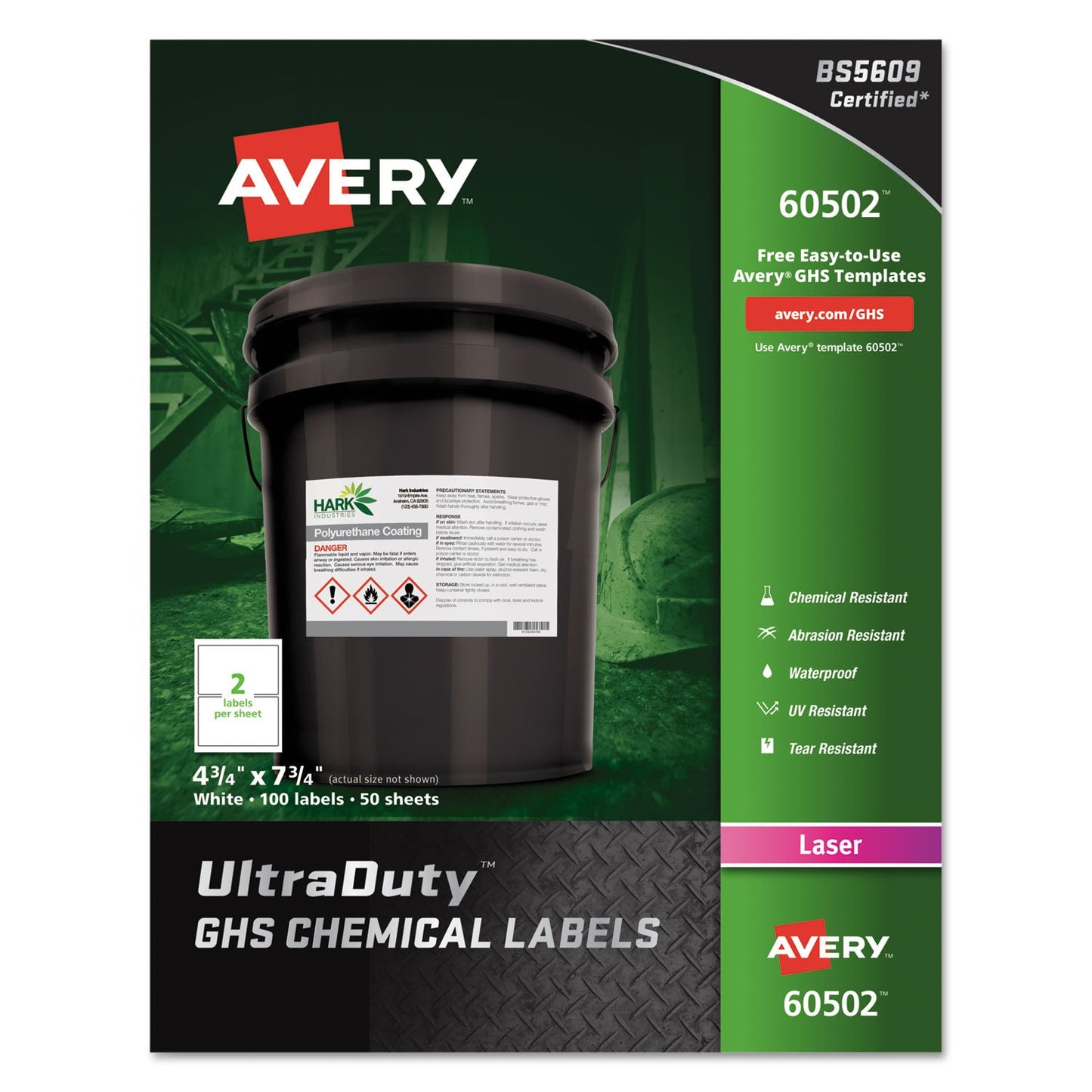 Avery-Dennison 60502 UltraDuty GHS Chemical Labels, White - 4.75 x 7.75 in.