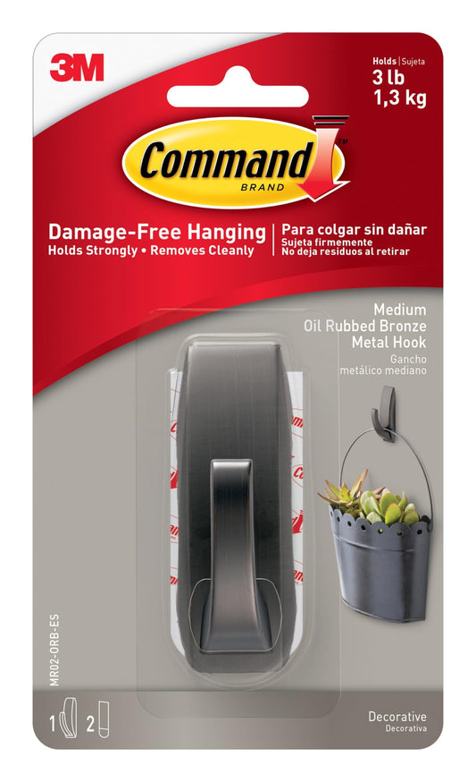 Command Medium Modern Reflections Metal Hook, Holds up to 5 lb, Oil Rubbed Bronze, 1 Wall Hook with 2 Strips, Damage-Free Hanging Hooks for Hanging Decorations in Living Spaces
