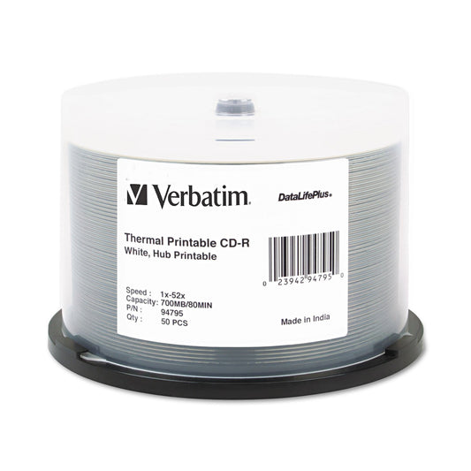 VER94795 - Verbatim CD-R 700MB 52X DataLifePlus White Thermal Printable, Hub Printable - 50pk Spindle