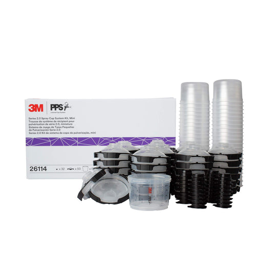 3M PPS 2.0 Spray Gun Cup, Lids and Liners Kit, 26114, Mini, 6 Ounces, 200-Micron Filter, Use for Cars, Furniture, House and More, 1 Paint Cup, 50 Disposable Lids and Liners, 32 Sealing Plugs, White