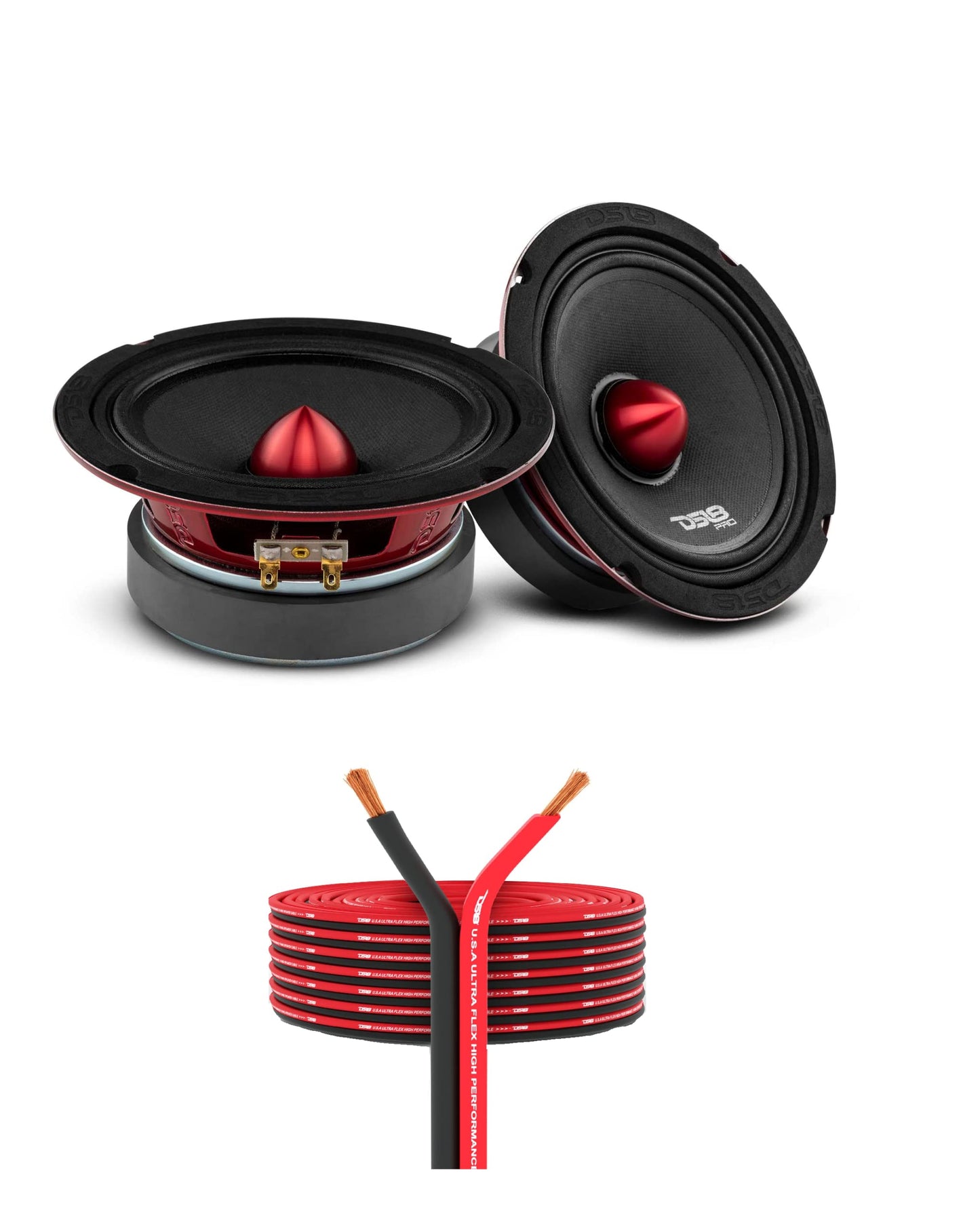 DS18 PRO-X6.4BM Loudspeaker - Pair of 6.5", Midrange, Red Aluminum Bullet, 500W Max, 250W RMS, 4 Ohms - Premium Quality Audio Door Speakers for Car or Truck Stereo Sound System (2 Speaker)